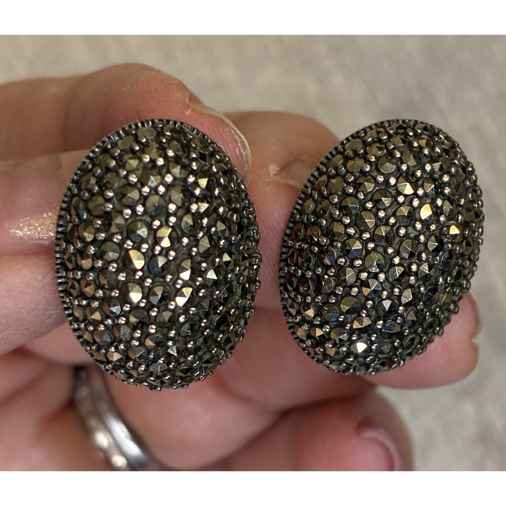 Vintage Sterling Silver Marcasite Domed Oval Clip On Earrings